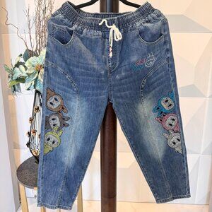Brand New Labubu Cartoon Patch Denim Jogger Pants (Unisex)